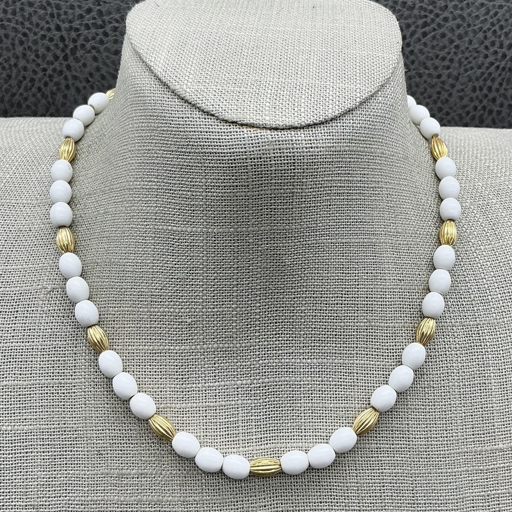 Monet White Bead Gold Tone Station Necklace Lobster Clasp Logo Tag Jewelry